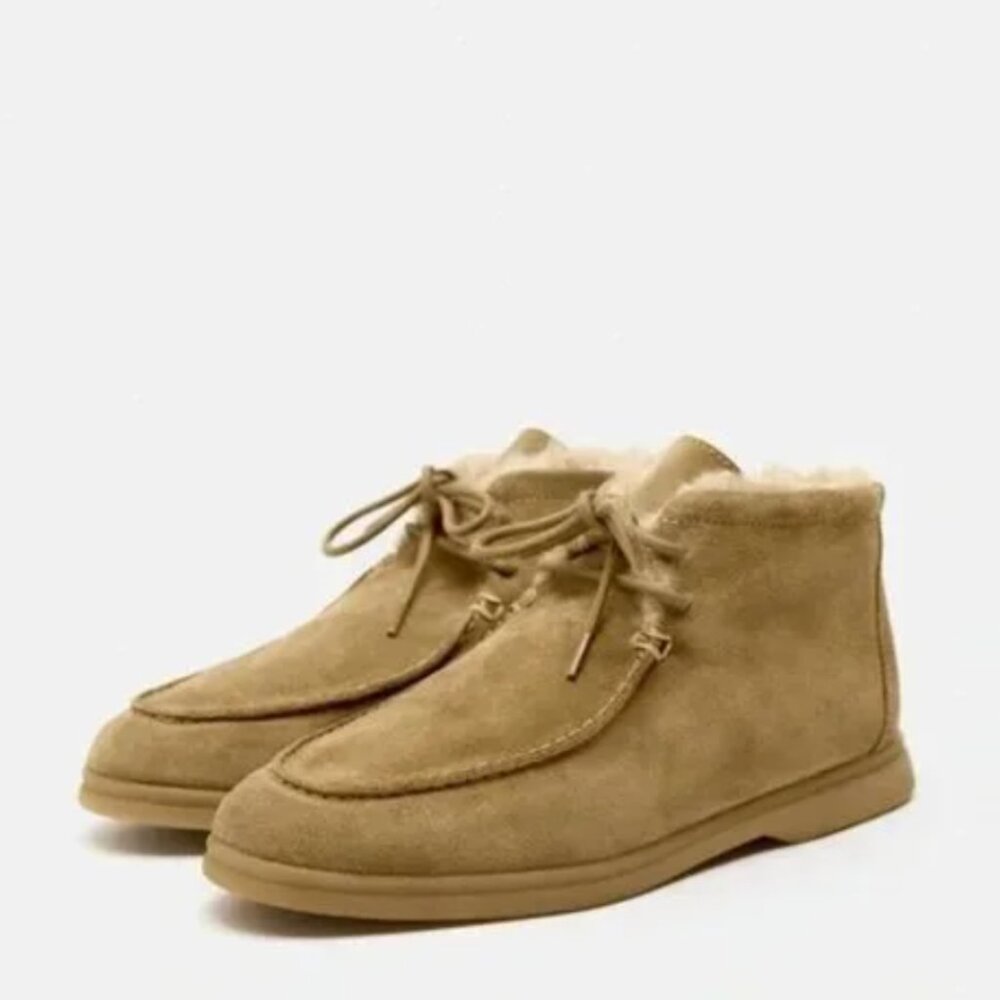 Zara Faux Fur Lined Flat Suede Ankle Boots Women's Size 39